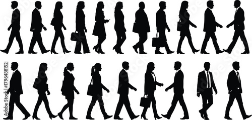 Business people walking silhouette vector, corporate commute, professional attire, teamwork concept, urban lifestyle, black profile icons, office movement illustration