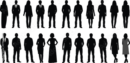 Silhouettes of standing people, male and female figures, professional attire, demographic concept, black vector illustration, diverse poses, organizational representation