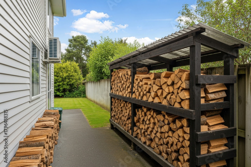 A rustic wooden woodshed overflowing with neatly stacked firewood
