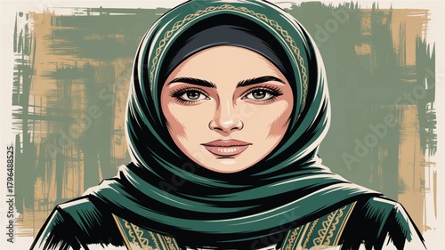 A digital painting portrait of a woman wearing a teal hijab with ornate gold embroidery patterns. 