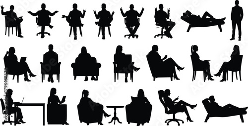 Therapy session silhouettes, counseling interaction, psychologist and patient, mental health support, seated figures, professional consultation, emotional care, psychotherapy concept, 