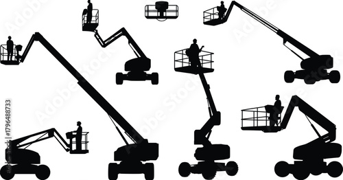 Boom Lift Silhouette Set, Construction Equipment Vector, Operator in Basket, Industrial Machine Icons, Telescopic and Articulating Lift Design