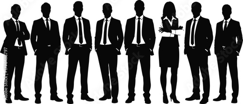 Business team silhouettes, corporate professionals, confident poses, office attire, standing group, unity in workplace, leadership concept, formal dress, teamwork illustration