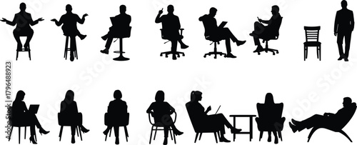 Silhouettes of people sitting, standing, and reclining in various poses, diverse chair types, posture variations, human gestures, black vector illustration