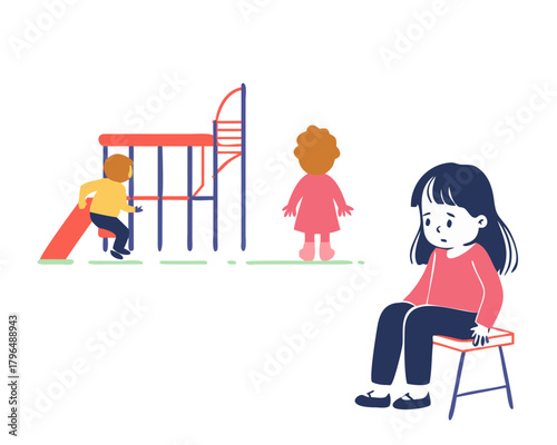 Little girl sitting lonely watching friends play at the playground.The feeling was overlooked by other people. Concept child shy.
