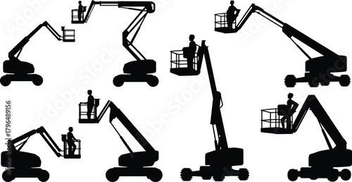 Boom Lift Silhouette Set, Operator in Basket, Construction Equipment Vector, Industrial Access Machines, Telescopic and Articulating Lift Design