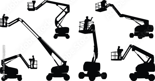 Boom Lift Silhouette Set, Operator in Basket, Construction Equipment Vector, Telescopic and Articulating Lifts, Industrial Machine Icons, Safety Design