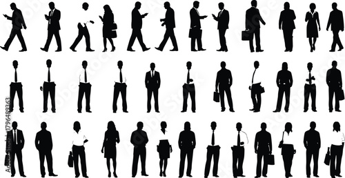 People silhouettes, walking and standing poses, urban lifestyle icons, black vector set, professional figures, mobile users, briefcases, casual postures, crowd clipart