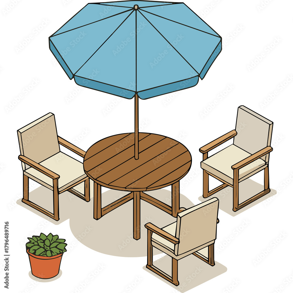 Obraz premium Outdoor Patio Set With Round Wooden Table Four Chairs And Blue Umbrella And Potted Plant In Isometric View