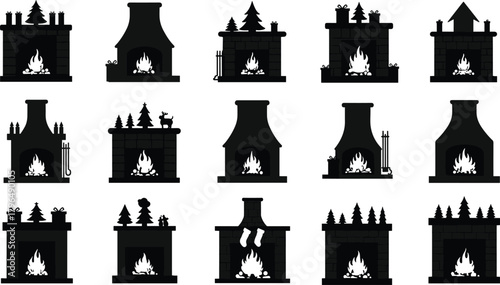 Fireplace silhouettes, cozy winter decor, Christmas mantle icons, burning fire vector set, festive home elements, holiday chimney clipart, black graphic illustration