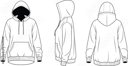 Blank White Oversized Pullover Hoodie Technical Flat Fashion Sketch Template Front, Back, and Side View for Design Mockup, Specification Sheet, and Apparel Outline