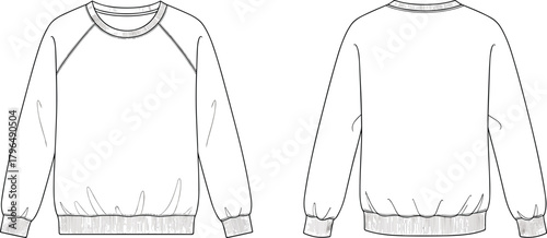 Blank White Unisex Raglan Sleeve Crew Neck Sweatshirt Garment Flat Technical Fashion Sketch Template Front and Back View for Design Mockup and Specification Sheet