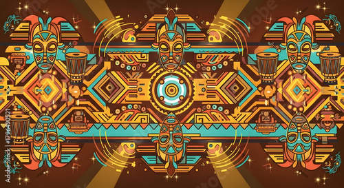 Vibrant ethnic pattern with masks and drums, perfect for cultural events or bold designs, rich colors and geometric shapes create a dynamic, eye-catching vibe