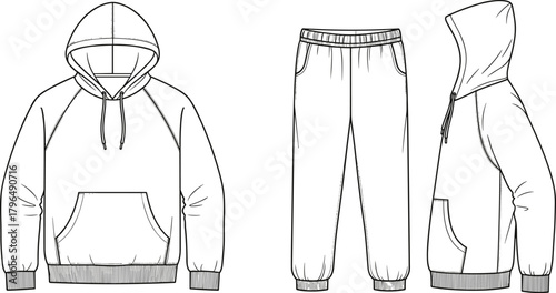 Unisex Raglan Sleeve Pullover Hoodie and Jogger Pants Garment Flat Technical Fashion Sketch Drawing Template Front and Side View for Design Mockup