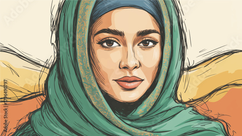 A digital painting portrait of a woman wearing a teal hijab with ornate gold embroidery patterns. 