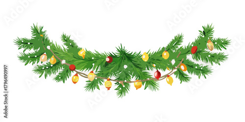 Christmas tree garlands on transparent background. Realistic pine-tree branches with glowing sparkling Christmas lights decoration. Vector border for holiday banners, party posters, cards, headers.