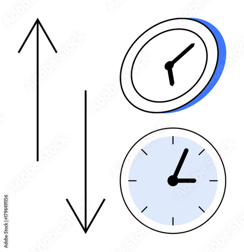 Analog clocks and vertical arrows signify time progression, efficiency, and priorities. Ideal for time planning, scheduling, productivity, deadlines, workflows, decision-making simplicity simple