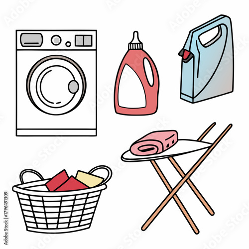 Laundry and Cleaning Icon Set with Appliances and Supplies