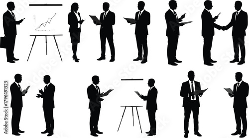 Business professional silhouette set, office meeting and presentation vector, corporate interaction design, teamwork graphics, workplace communication illustration collection