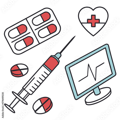 Medical and Healthcare Icon Set with Syringe and Pills