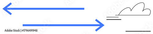 Two blue arrows pointing in opposite directions signifying contrast, debate, or movement next to simple cloud lines. Ideal for conflict, comparison, decision-making, speed, transportation, weather
