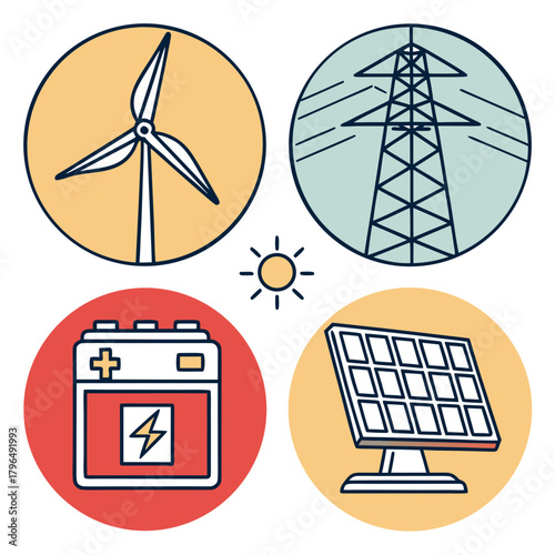 Renewable Energy Sources Icons Wind Solar Battery power