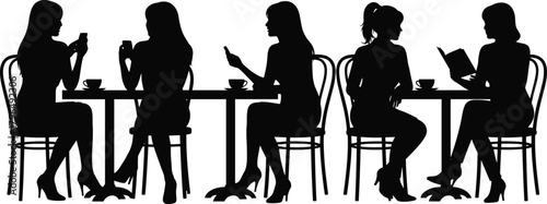 Silhouette of people using smartphones, reading books, drinking coffee, sitting at café tables, modern lifestyle, digital interaction, social behavior, vector illustration