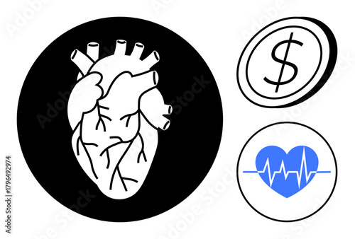 Anatomical heart, coin with dollar sign, and EKG heartbeat represent healthcare cost, medical investment, financial well-being, health awareness, cardiology, insurance, and simple flat metaphor