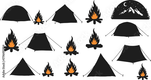 Camping silhouette set, tent and campfire icons, outdoor adventure vector, mountain night scene illustration, nature exploration design, campsite graphic collection