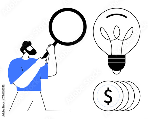 Person holding magnifying glass exploring ideas, depicted as lightbulb and coins. Ideal for creativity, innovation, research, analysis, finance, entrepreneurship discovery themes. Minimalist flat