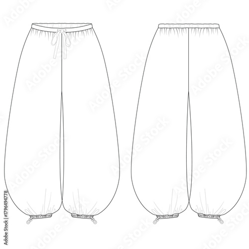 Balloon Extra-Flare Silhouette Pants Flat Sketch — Oversize Unisex Design with Elastic Waist, Full Technical Fashion CAD Template