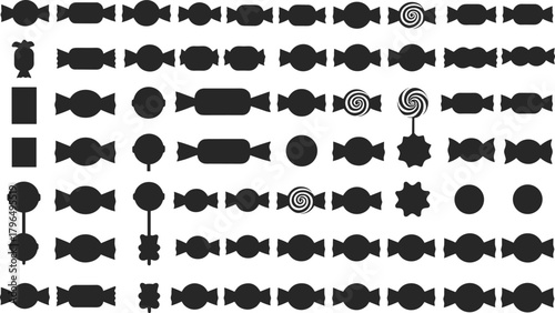Candy Silhouette Icons, Black Sweet Shapes, Wrapped Treats, Lollipop Graphics, Chocolate Symbols, Vector Dessert Set, Confectionery Design Elements