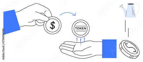Hand holding dollar coin exchanged for token over an open palm, blue accents and watering can. Ideal for finance, investment, digital economy, cryptocurrency, transaction, growth, simple flat