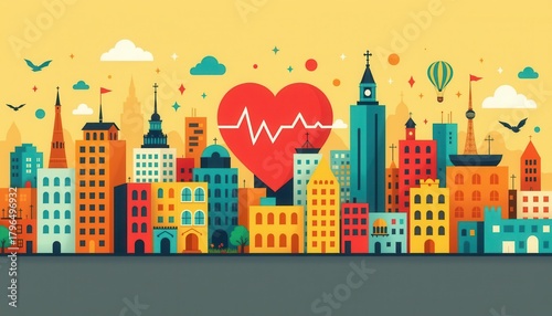 Colorful Cityscape Illustration Featuring Heartbeat Symbol and Vibrant Buildings at Sunrise