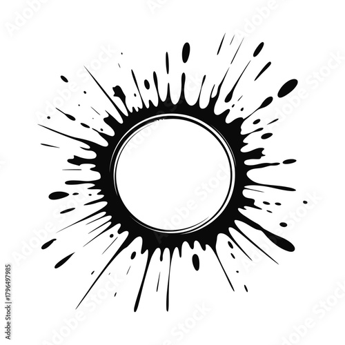 Black ink splatter burst around a white circle frame