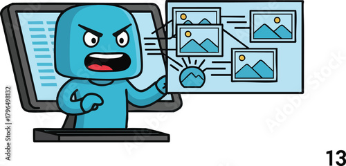 Angry blue character working on a computer with a screen showing images.