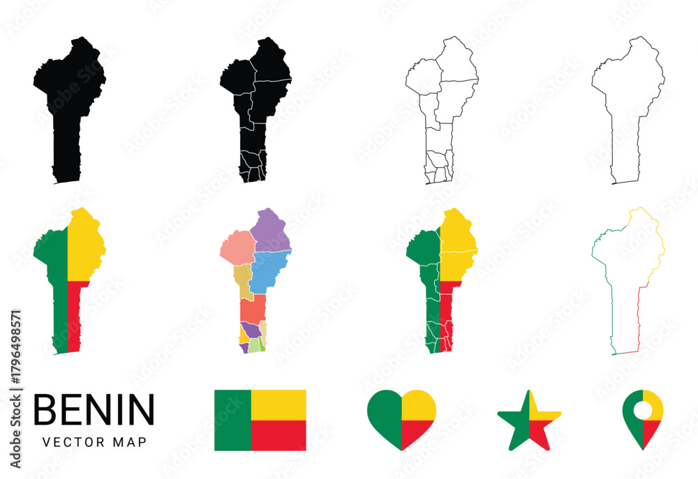 Fototapeta premium benin vector map collection with flag colors regions borders and symbols