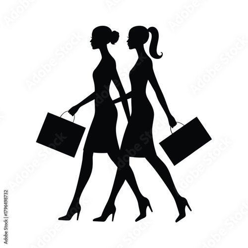 Two women silhouettes walking with shopping bags