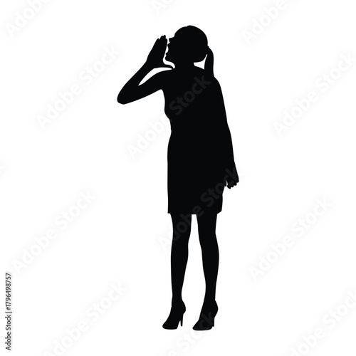 Silhouette of a woman standing in a dress and high heels, cupping her mouth with her hand to amplify her voice. The image conveys communication, shouting, protest, or urgent public announcement.