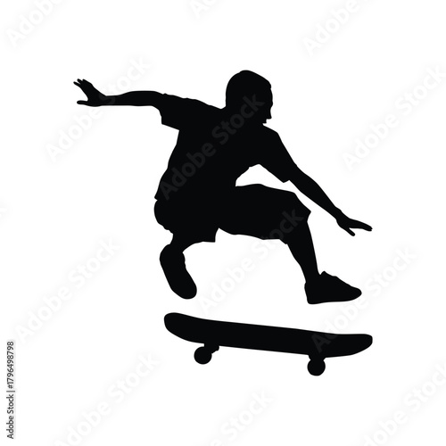 Silhouette of a young male skateboarder jumping high off his board while performing an ollie or trick. The image captures motion, extreme sports, freedom, and urban youth lifestyle.