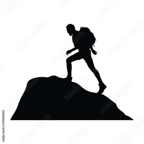 Silhouette of a Hiker Climbing Up a Steep Rock, Representing Success, Challenge, and Exploration