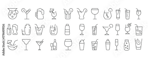 Alcoholic beverages Pixel Perfect icons set. Simple outline cocktails icons isolated on white background. Set includes beer, mojito, whiskey. Icons set for restaurant, pub, bar. Vector illustration