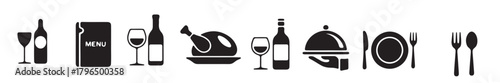 Black and white restaurant icons set for food service