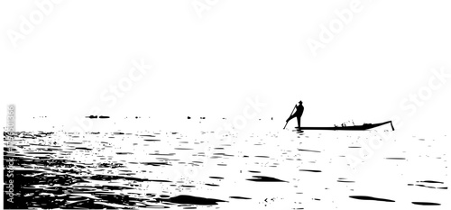 black and white boat, a man rides a boat by bamboo
