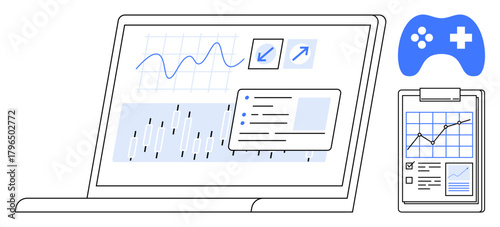 Laptop displaying analytical charts, graphs, and widgets, clipboard tracking metrics, and game controller. Ideal for gaming data, progress monitoring, technology, trends performance improvement
