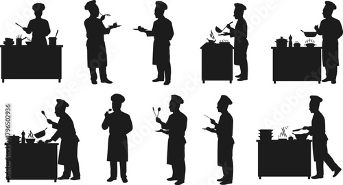 Chef silhouette collection, cooking activity poses, kitchen action vector, food preparation illustration, culinary performance design, professional chef posture set