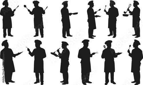 Chef silhouette set, cooking pose illustration, kitchen utensil vector, culinary action design, food preparation art, professional cook posture collection