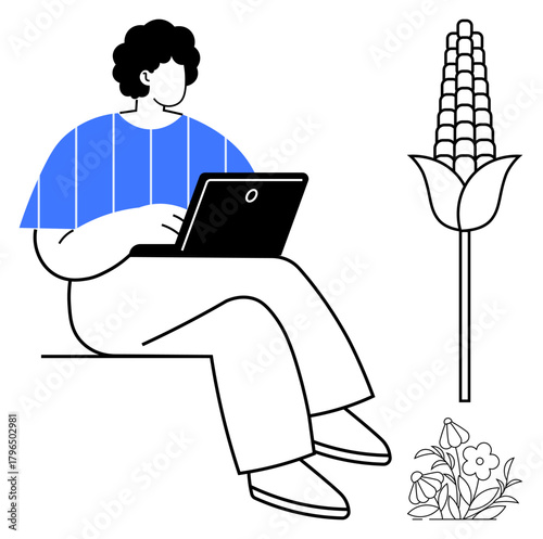Person sitting with a laptop, corn plant, and flowers. Ideal for agriculture, remote work, sustainability, eco-tech, balance growth and modern farming. Simple flat metaphor