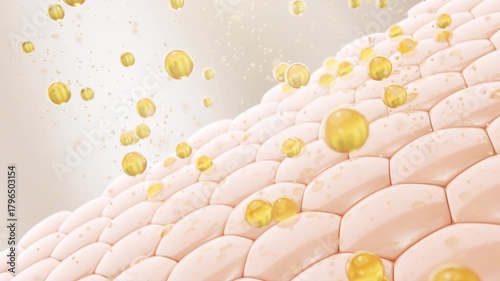 Cosmetic oil serum with molecules that drop onto skin cells, repair skin, moisturizer, collagen serum, 3D animation.
