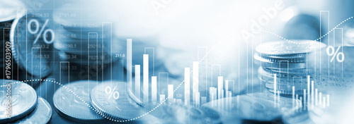 Inflation and tax concept Rising inflation rates graph. Global economy recession. interest rate, business, finance and investment background. Stack of coins money with financial graph and copy space
